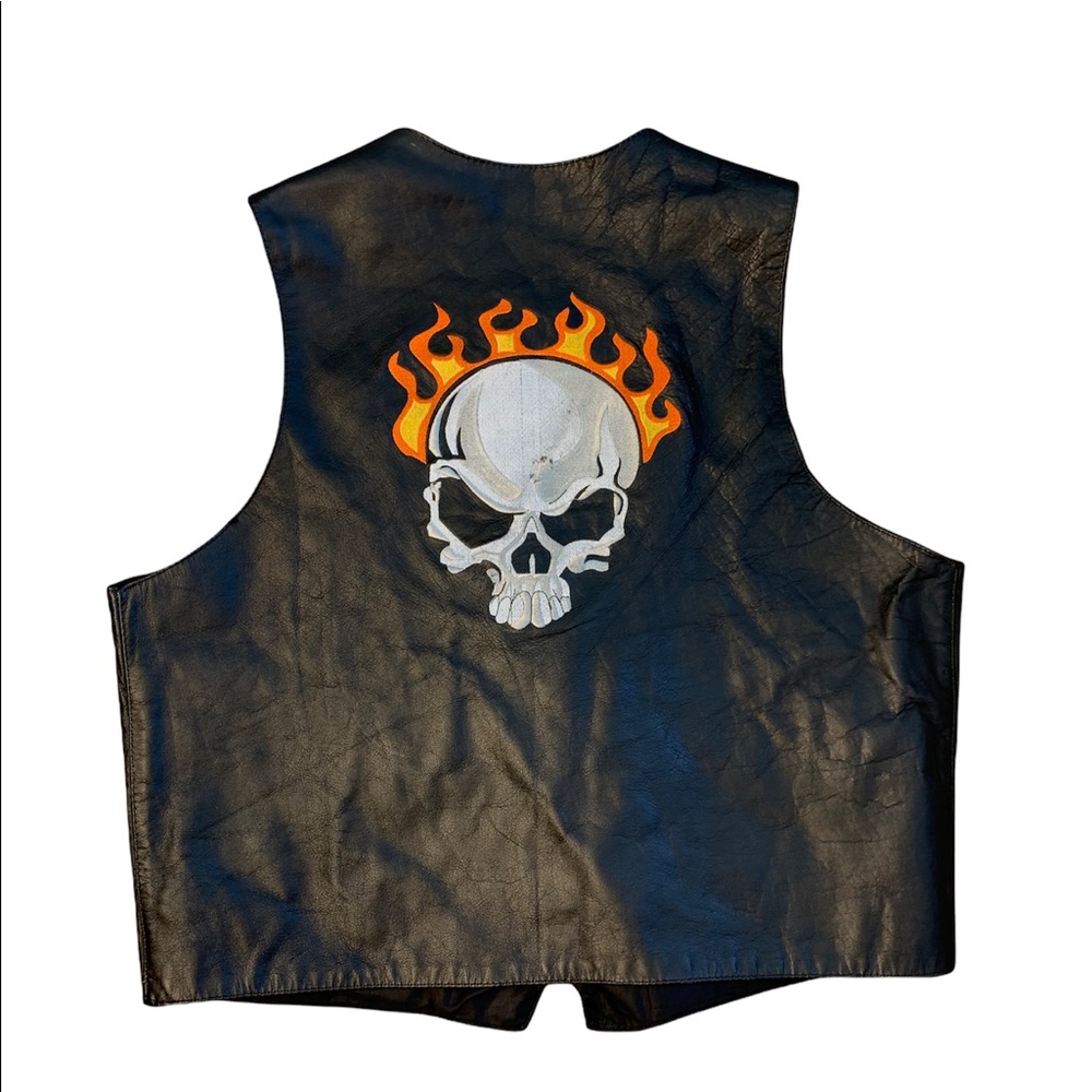 Flaming Skull Unik Leather Vest Sz XL